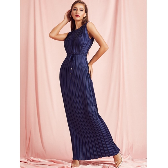 Navy Blue Pleated Tie Waist Maxi Glam Dress - Picture 4 of 8